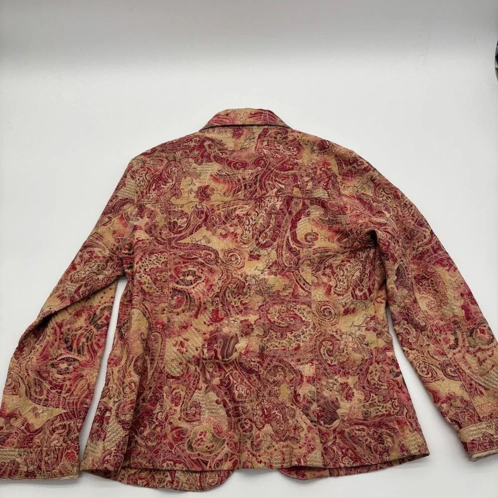 Analogy Petites‎ Paisley Print Denim Jacket Women's Size PS Red Beige Textured